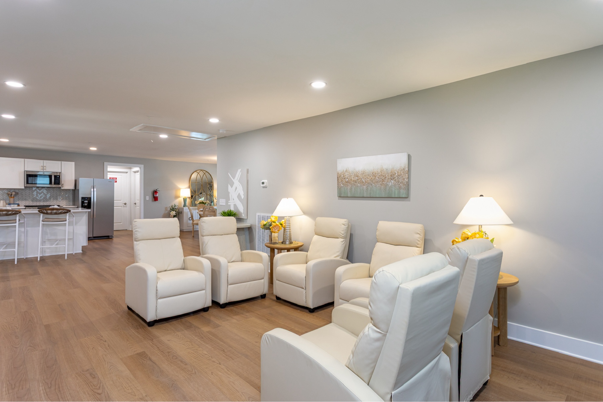 Comfortable recliners arranged for conversation and afternoon TV