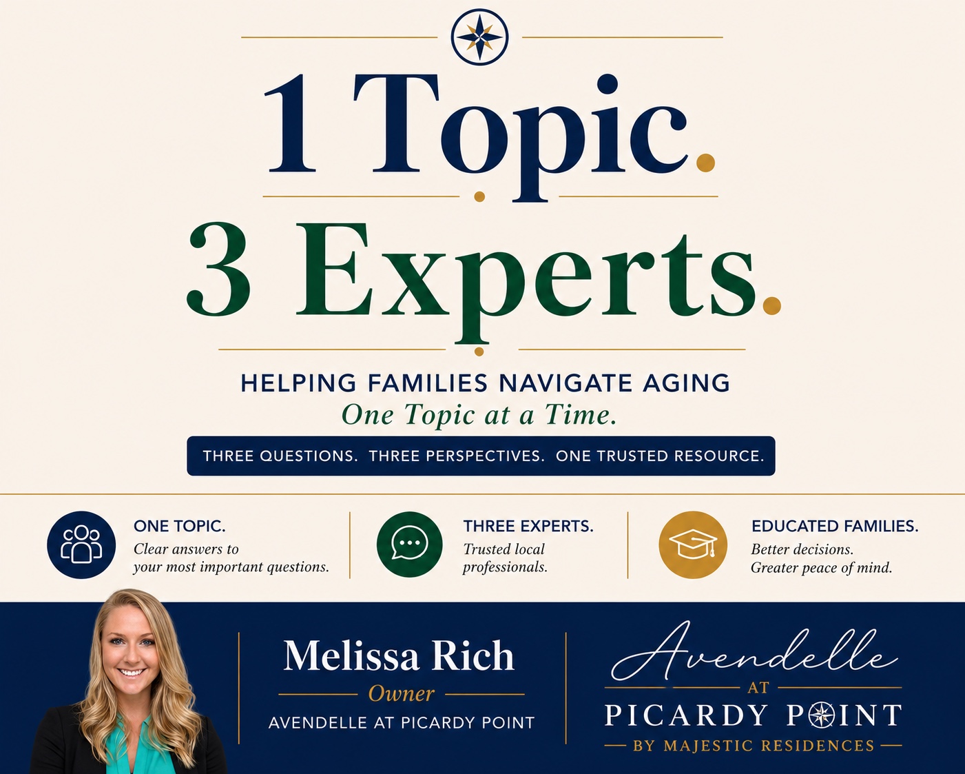 1 Topic. 3 Experts. Helping families navigate aging one topic at a time — three questions, three perspectives, one trusted resource. Melissa Rich, Owner, Avendelle at Picardy Point.
