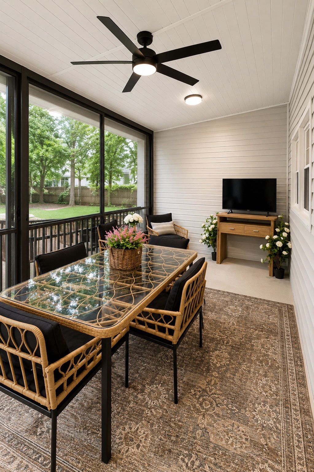 The screened back porch with a game table and comfortable seating